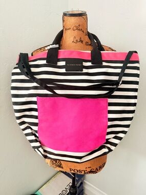 Victoria's Secret Black & White Stripe Tote with Hot Pink Pocket